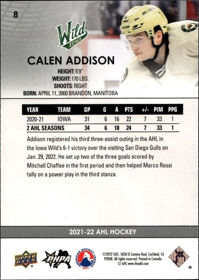 2021-22 Upper Deck Ahl Calen Addison #8 hockey trading card back