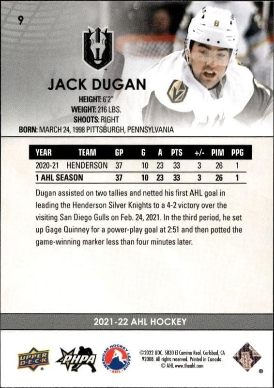 2021-22 Upper Deck Ahl Jack Dugan #9 hockey trading card back