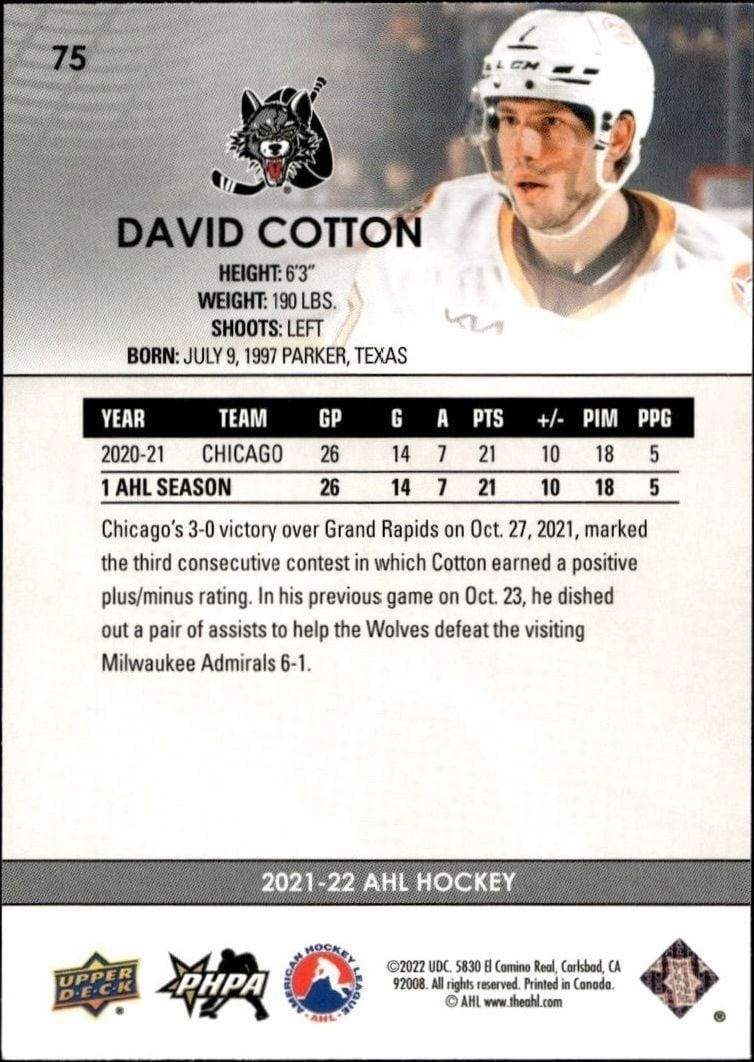 2021-22 Upper Deck Ahl David Cotton #75 hockey trading card back