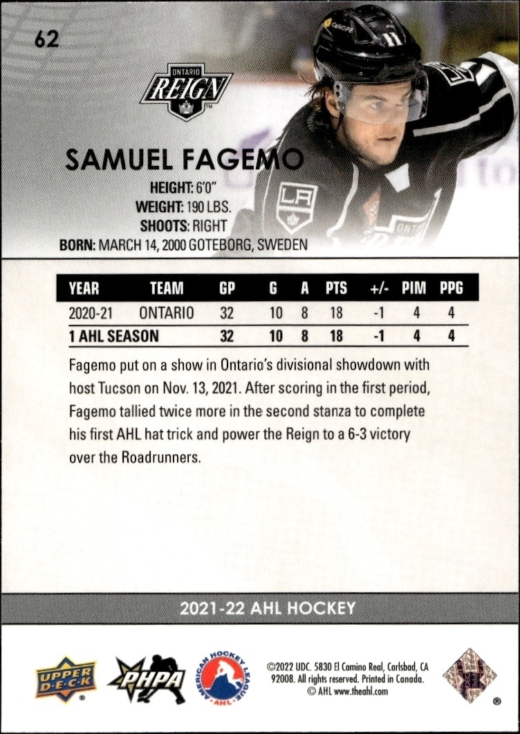 2021-22 Upper Deck Ahl Samuel Fagemo #62 hockey trading card back