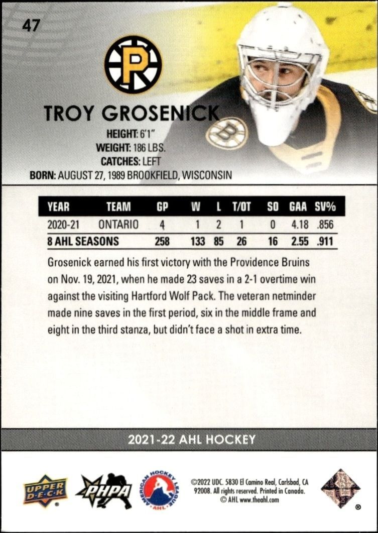 2021-22 Upper Deck Ahl Troy Grosenick #47 hockey trading card back