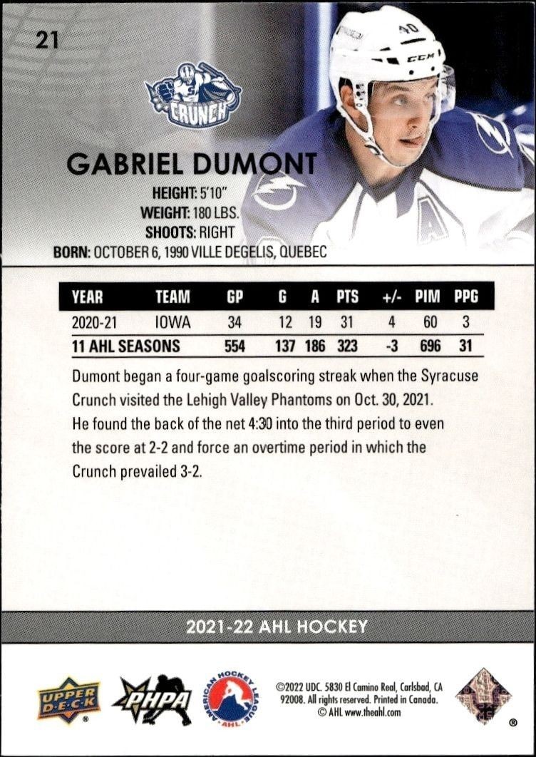 2021-22 Upper Deck Ahl Gabriel Dumont #21 hockey trading card back