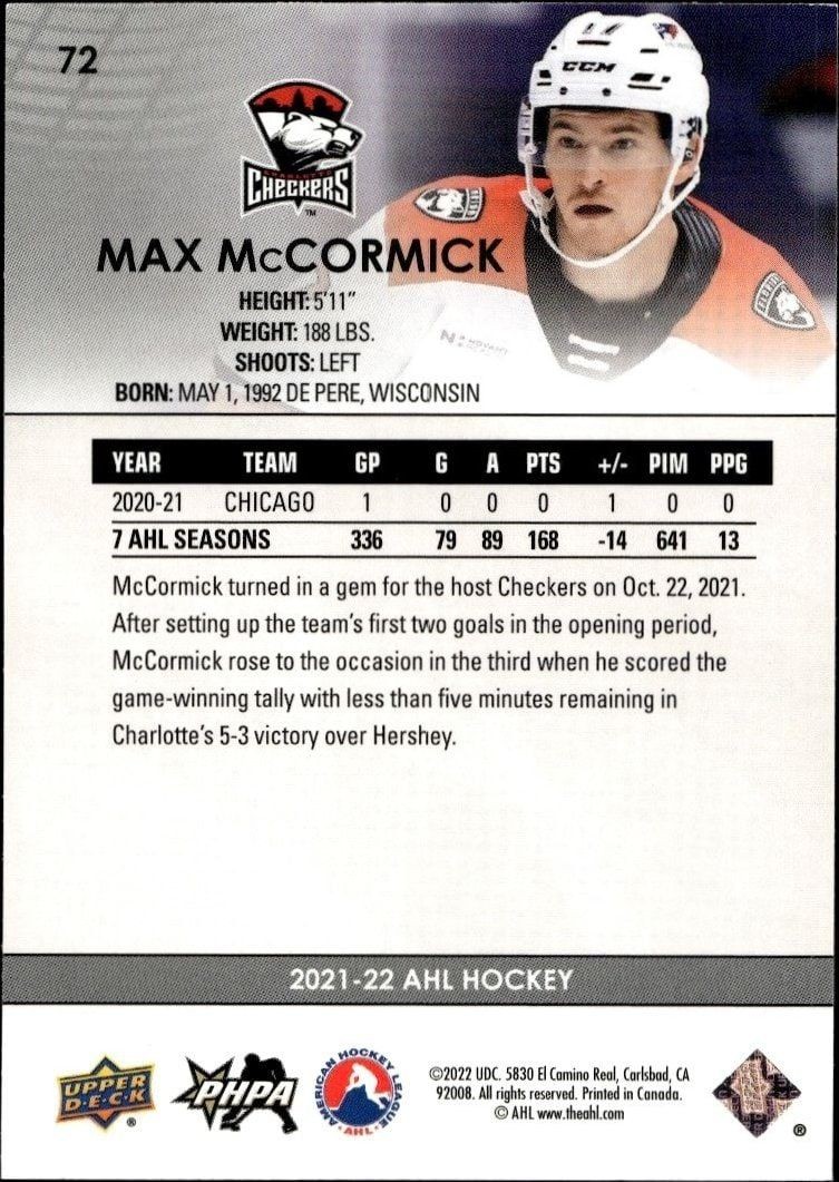 2021-22 Upper Deck Ahl Max McCormick #72 hockey trading card back