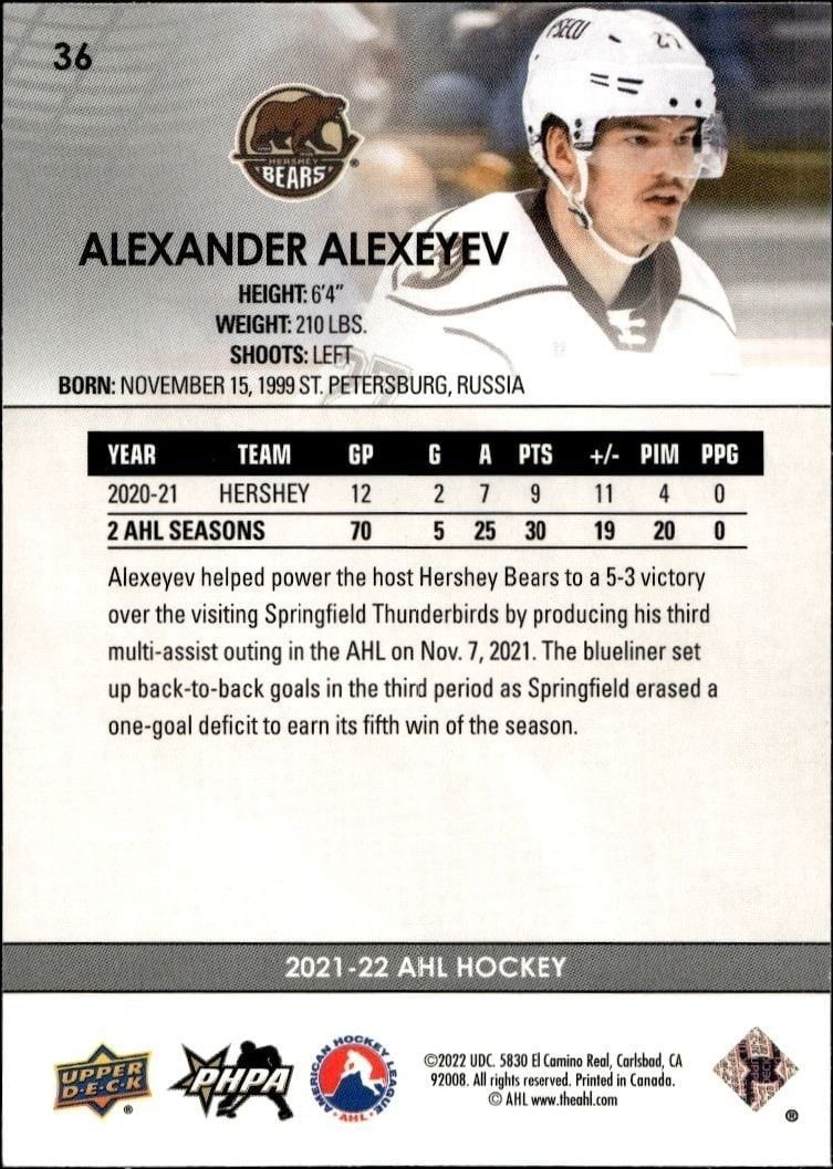 2021-22 Upper Deck Ahl Alexander Alexeyev #36 hockey trading card back