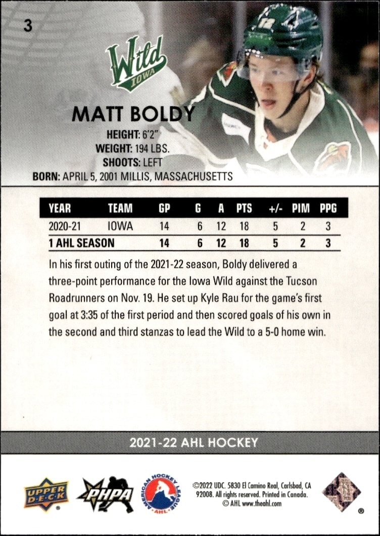 2021-22 Upper Deck Ahl Matt Boldy #3 hockey trading card back