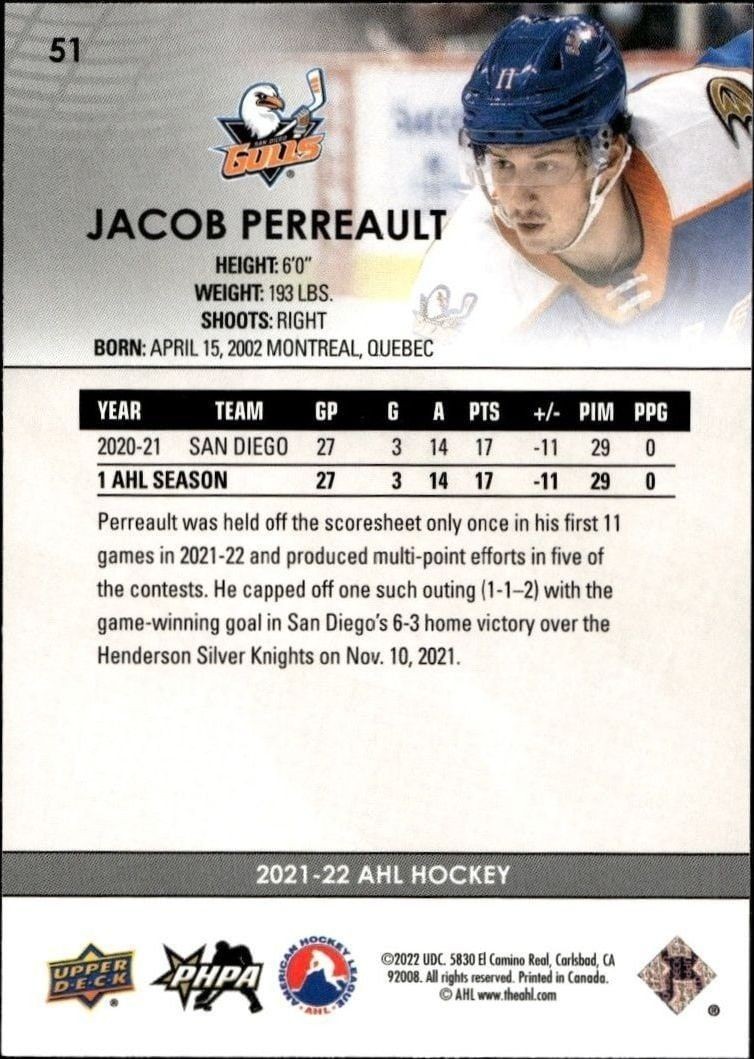 2021-22 Upper Deck Ahl Jacob Perreault #51 hockey trading card back