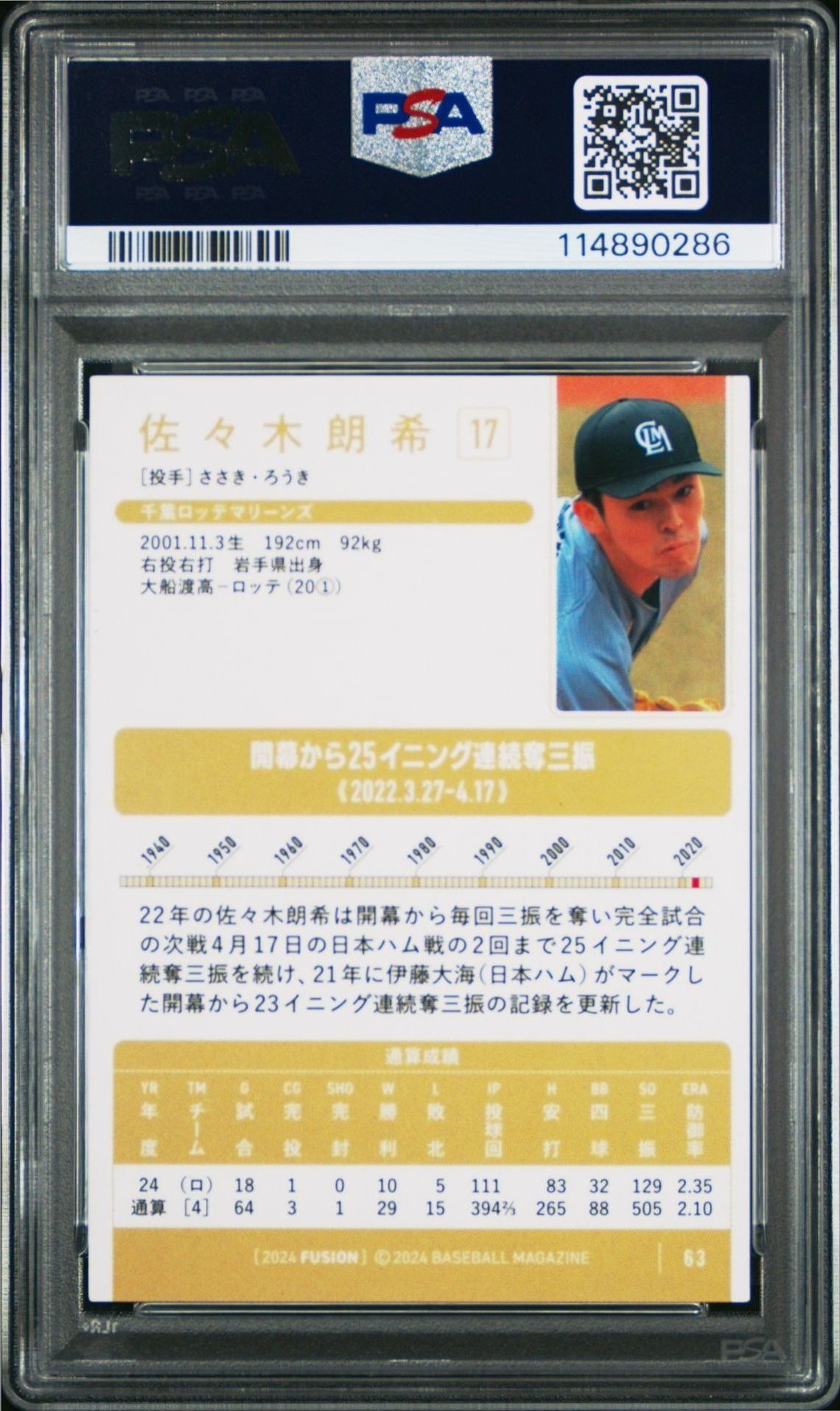 2024 Baseball Magazine Fusion Roki Sasaki #63 baseball trading card back