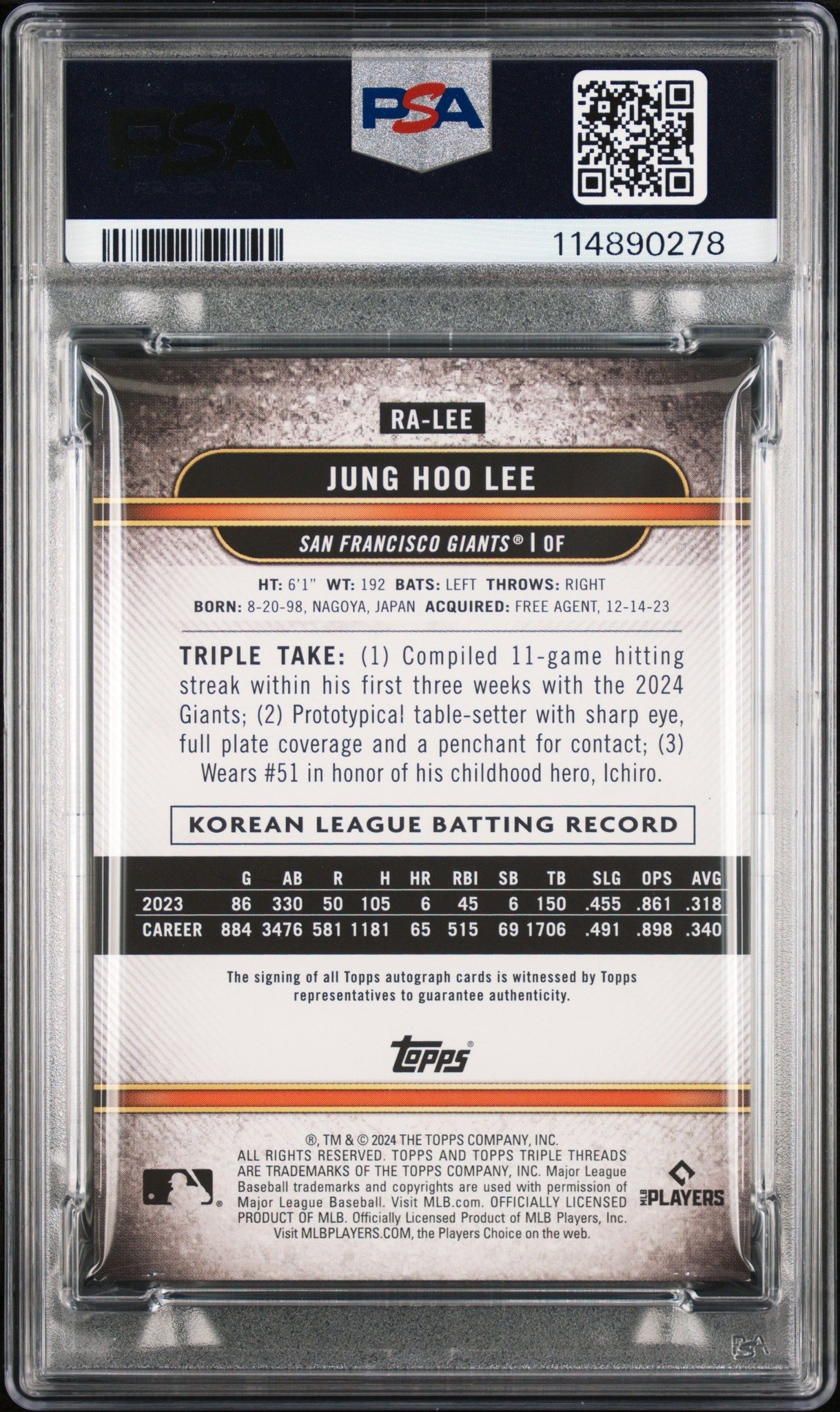 2024 Topps Jung Hoo Lee #RA-LEE baseball trading card back