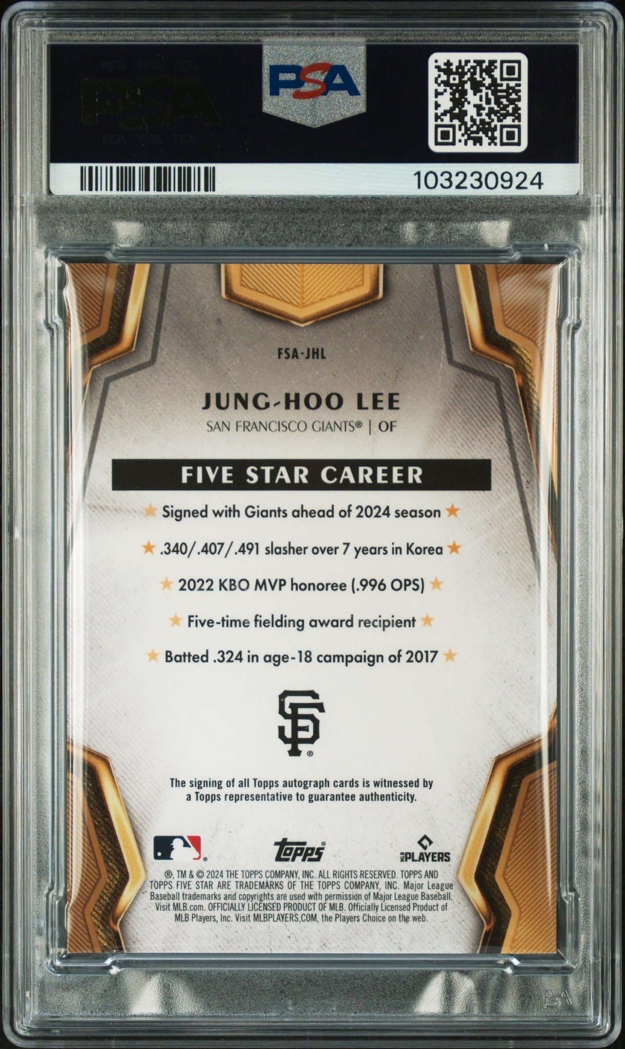 2024 Topps Five Star Jung Hoo Lee #FSA-JHL baseball trading card back