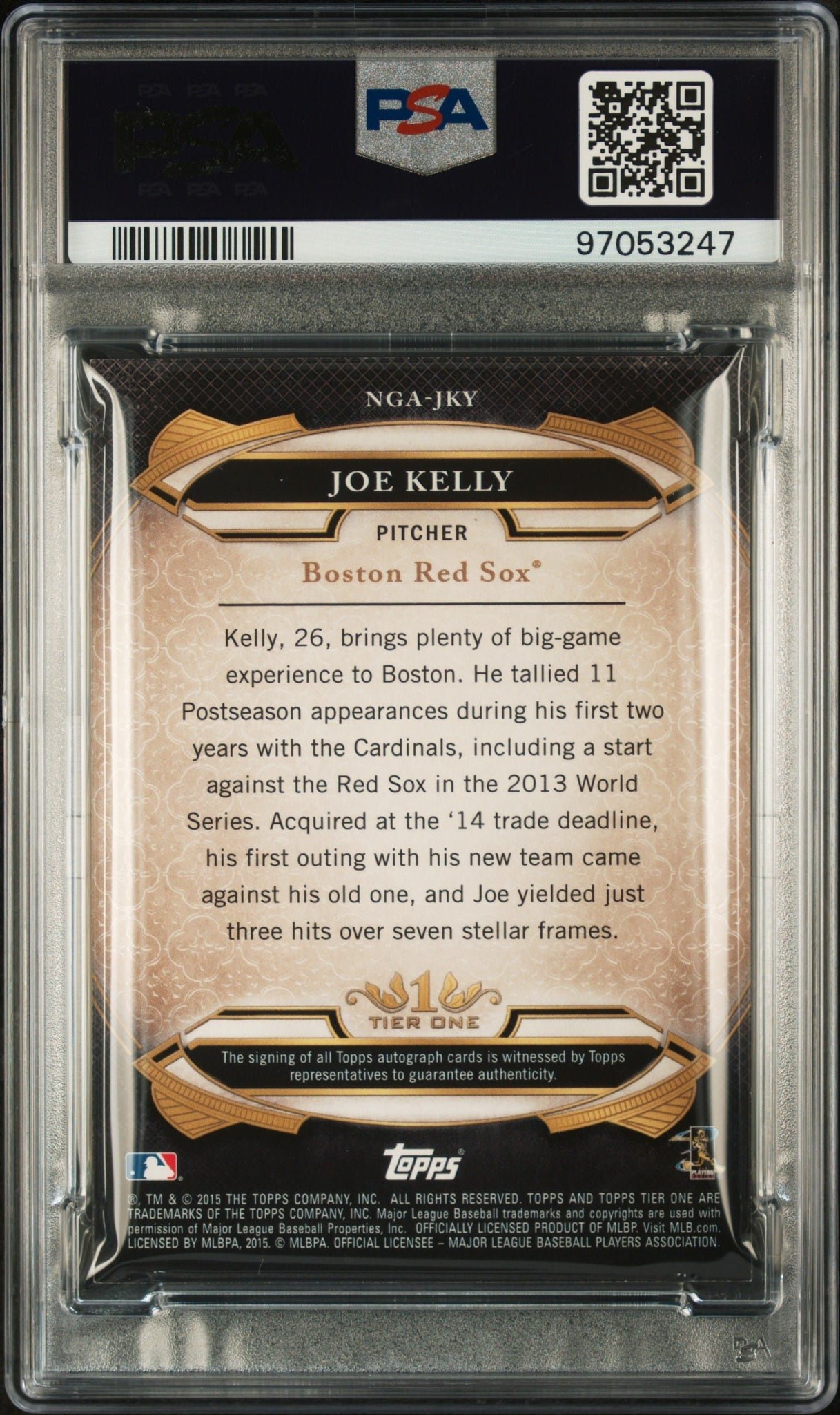 2015 Topps Tier One Joe Kelly #NGA-JKY baseball trading card back