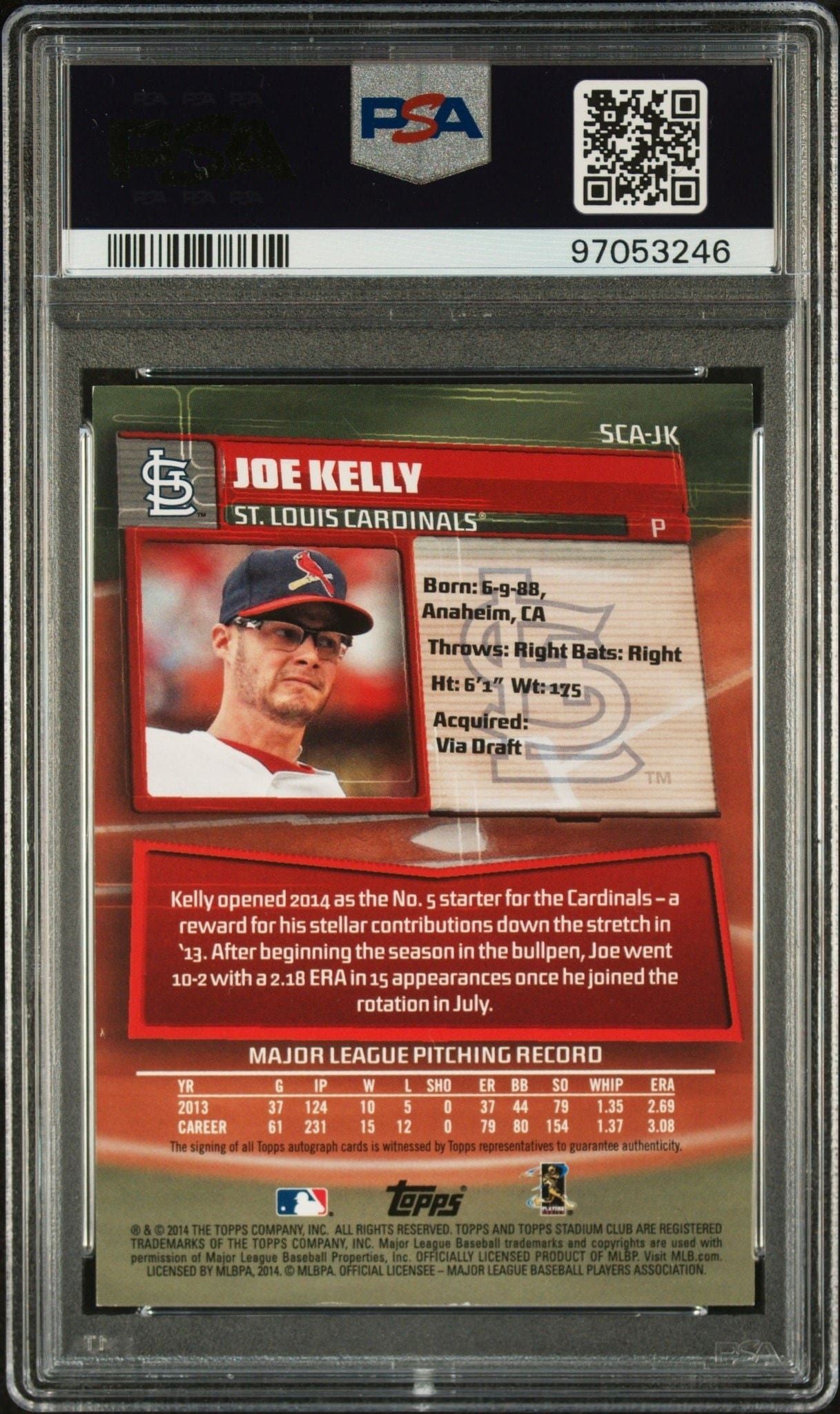 2014 Topps Stadium Club Joe Kelly #SCA-JK baseball trading card back