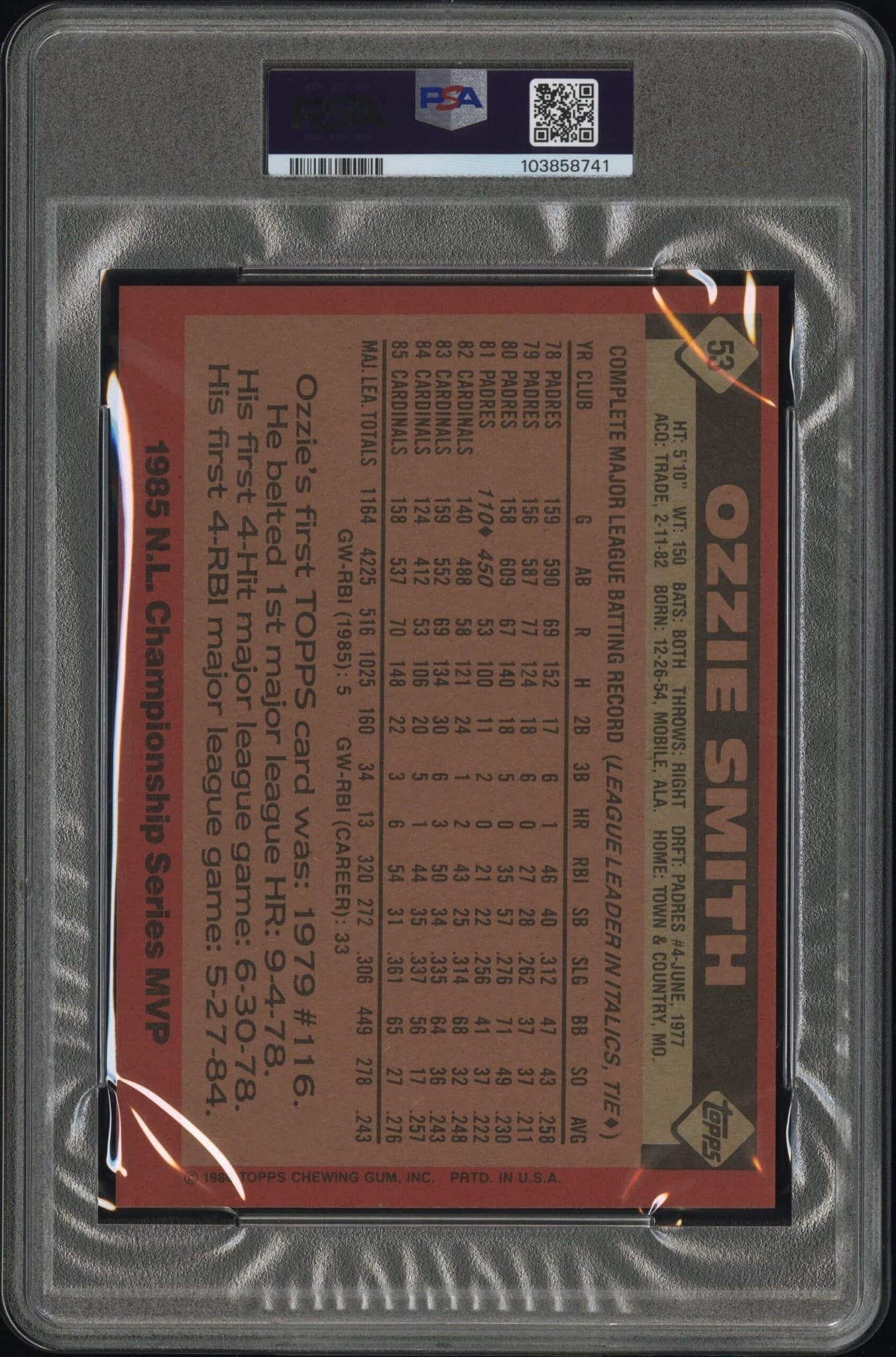 1986 Topps Super Ozzie Smith #53 baseball trading card back