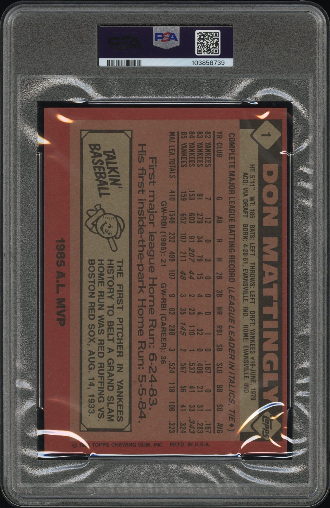 1986 Topps Super Don Mattingly #1 baseball trading card back