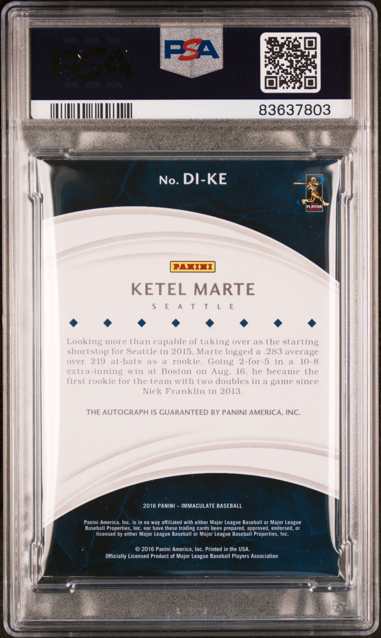 2016 Panini Immaculate Ketel Marte #DI-KE baseball trading card back
