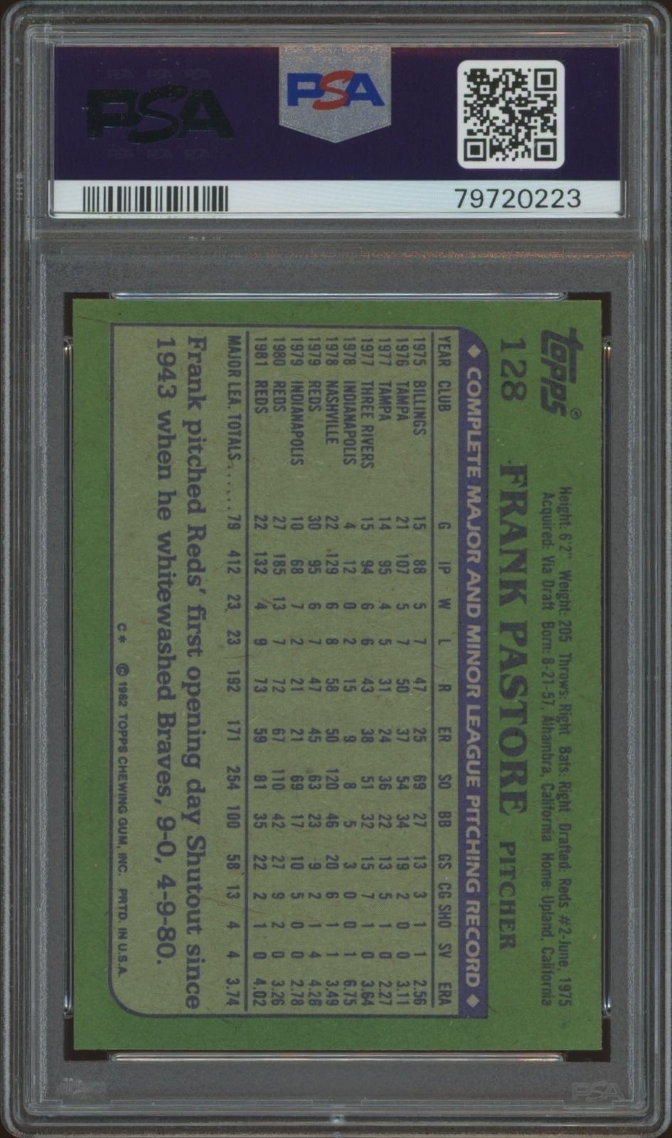 1982 Topps Frank Pastore #128 baseball trading card back