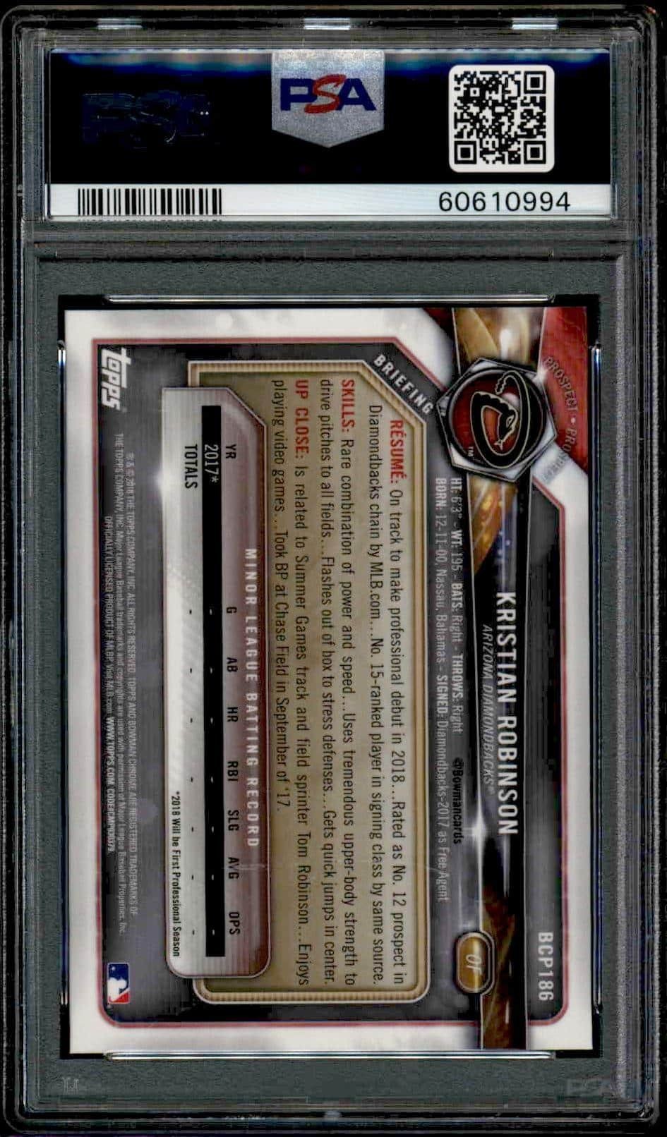 2018 Bowman Chrome Kristian Robinson #BCP186 baseball trading card back