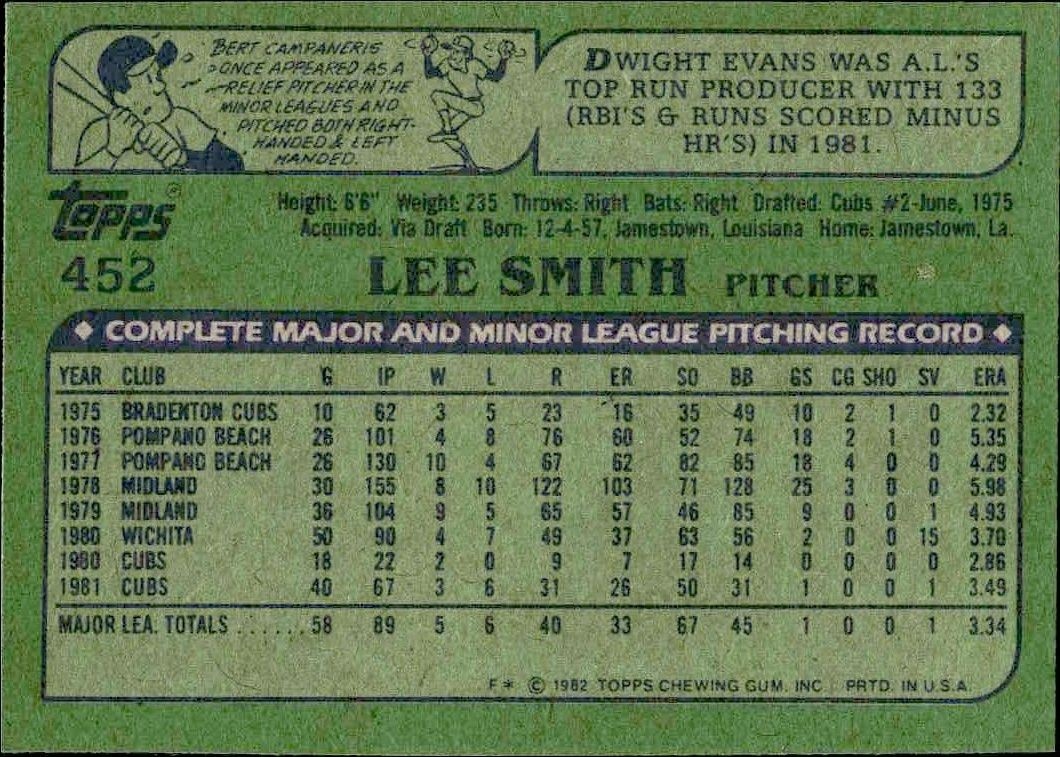 1982 Topps Lee Smith #452 baseball trading card back