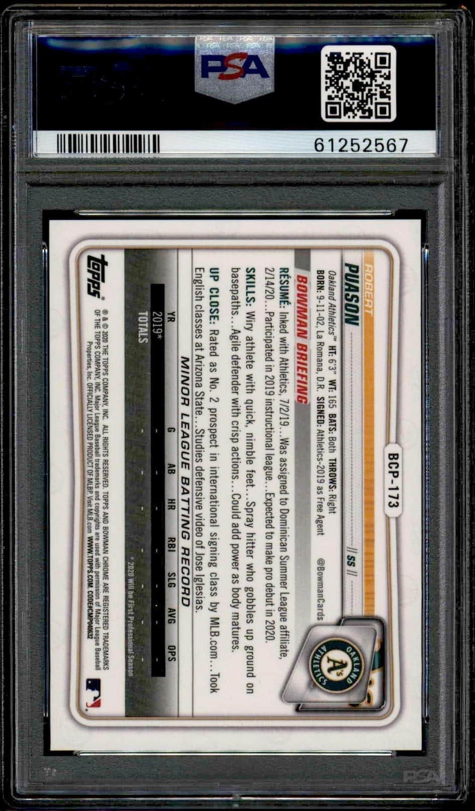 2020 Bowman Chrome Robert Puason #BCP-173 baseball trading card back