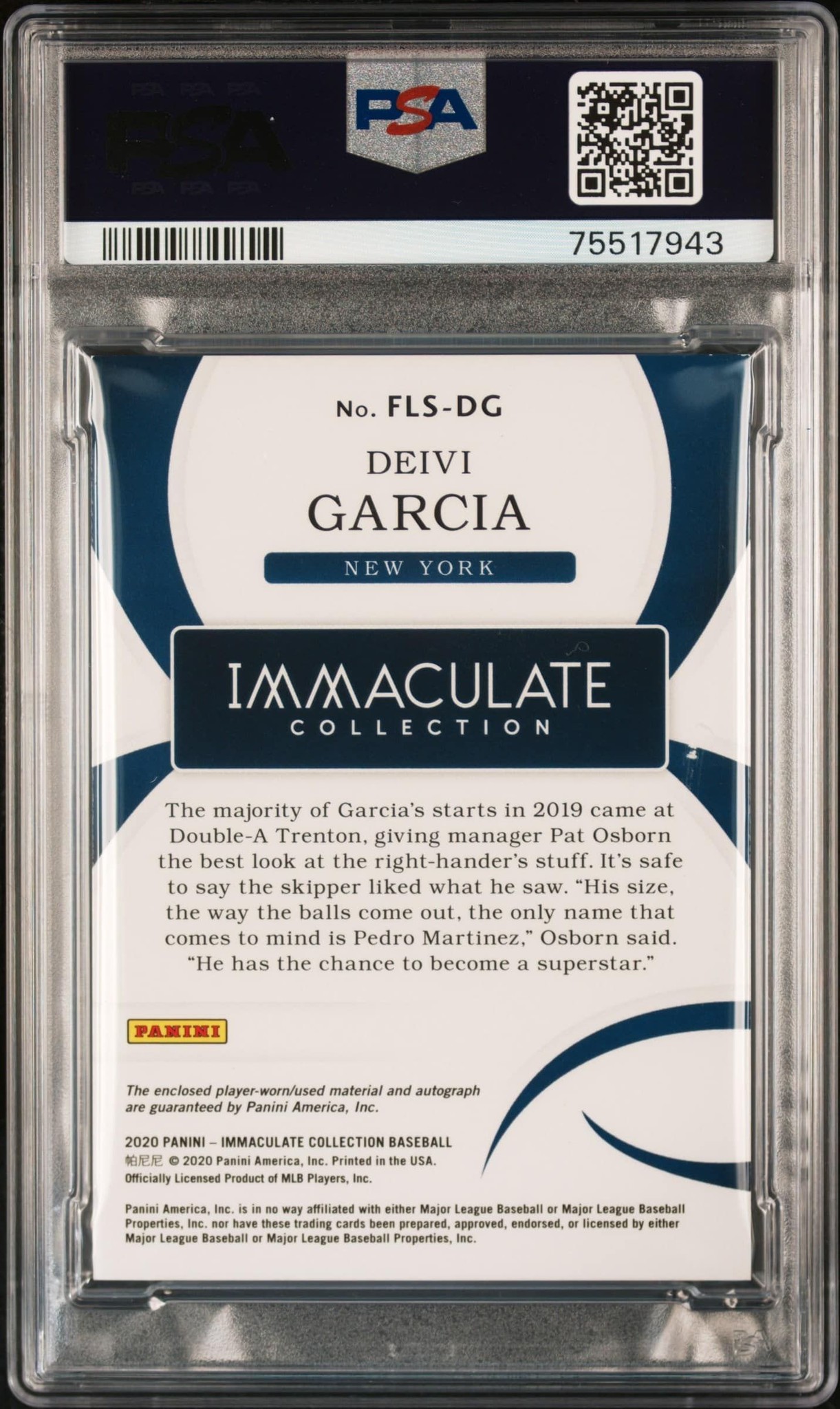 2020 Panini Immaculate Collection Deivi Garcia #FLS-DG baseball trading card back