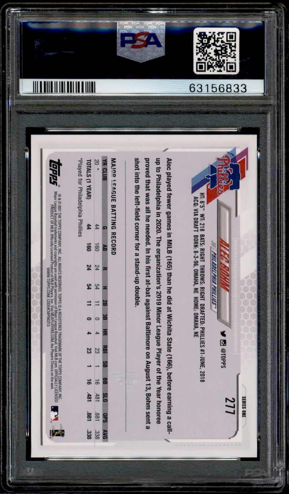 2021 Topps Alec Bohm #277 baseball trading card back