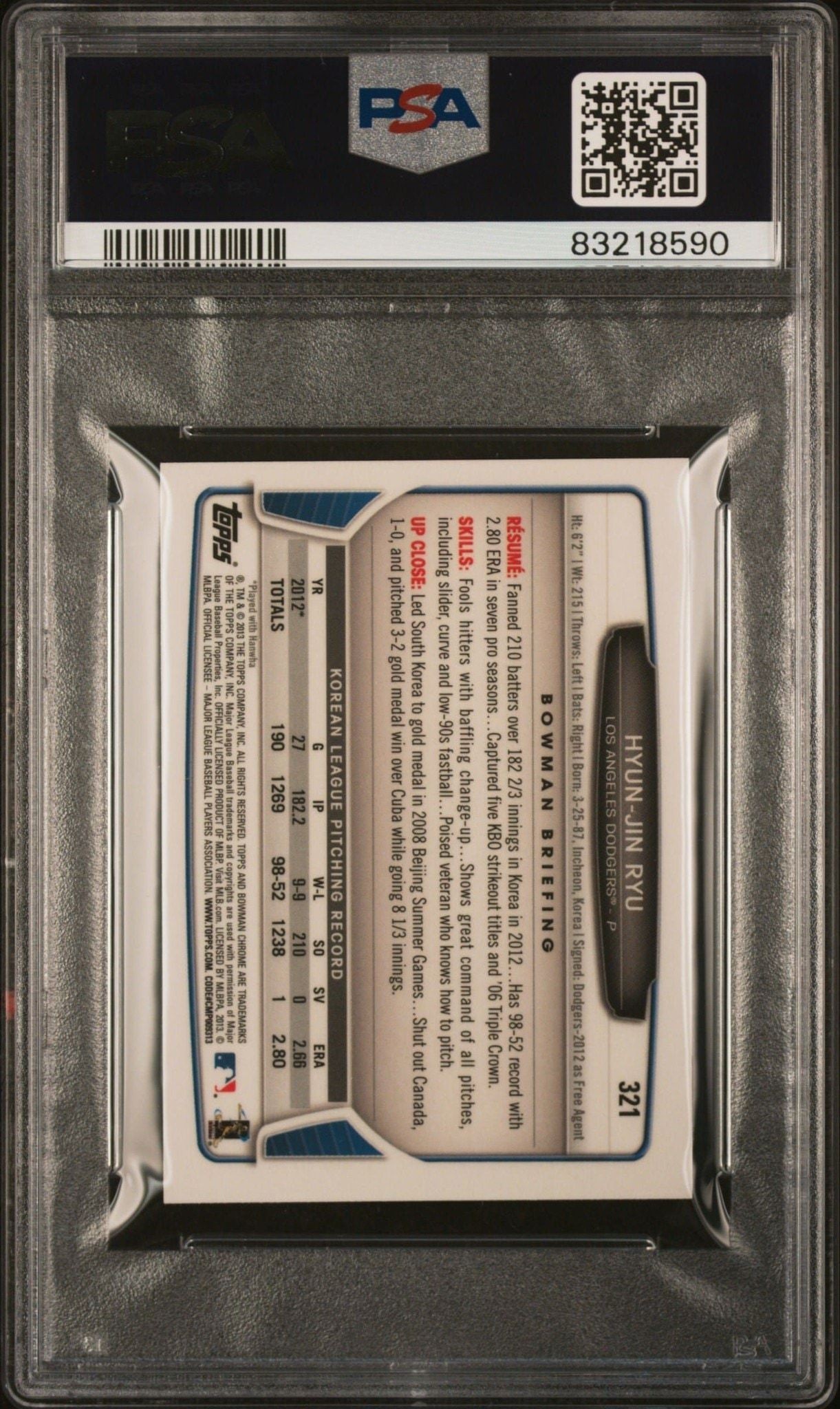 2013 Bowman Chrome Hyun-Jin Ryu #321 baseball trading card back