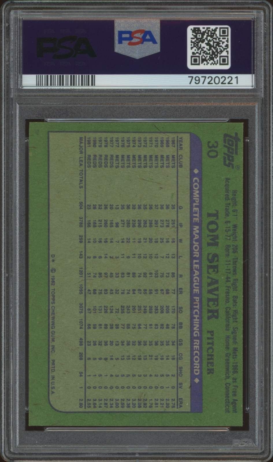 1982 Topps Tom Seaver #30 baseball trading card back