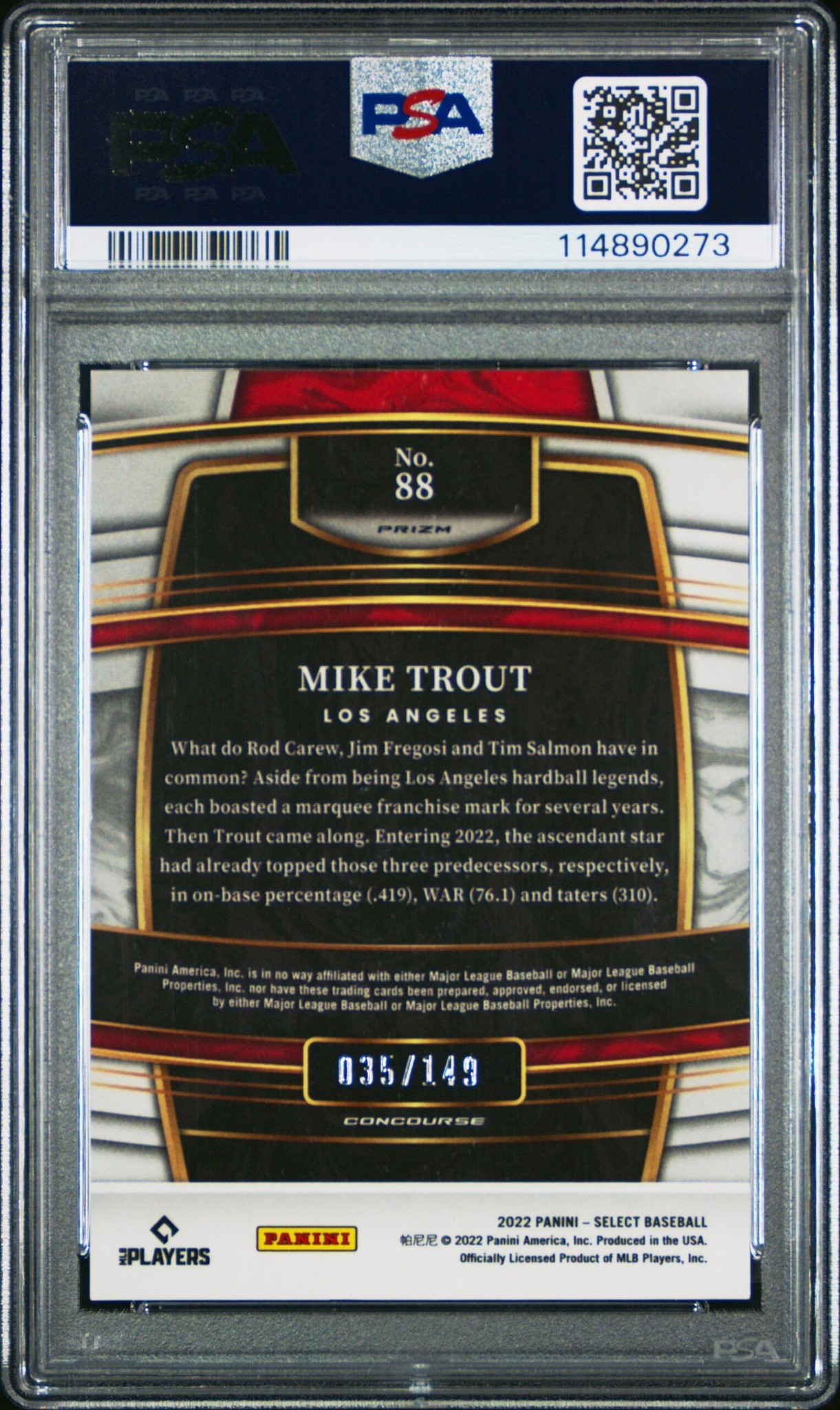 2022 Panini Select Mike Trout #88 baseball trading card back