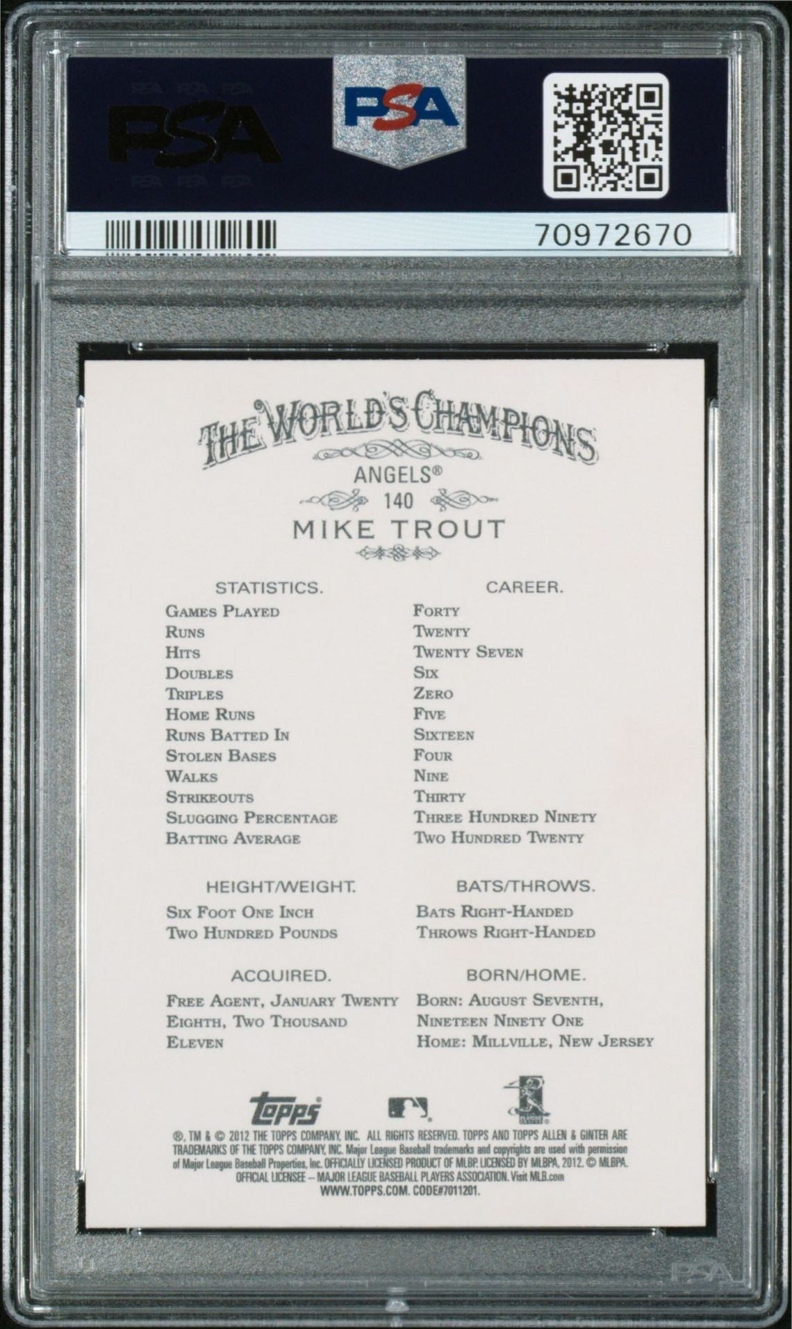 2012 Topps Allen & Ginter Mike Trout #140 baseball trading card back