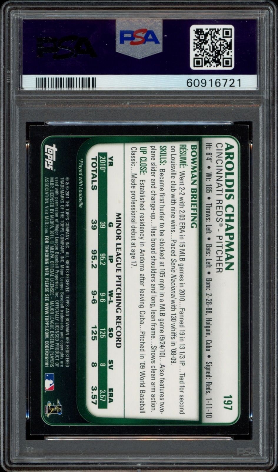 2011 Bowman Gold Aroldis Chapman #197 baseball trading card back