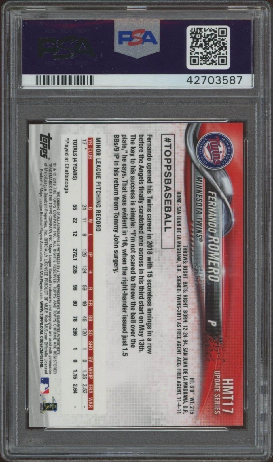 2018 Topps Chrome Update Fernando Romero #HMT17 baseball trading card back