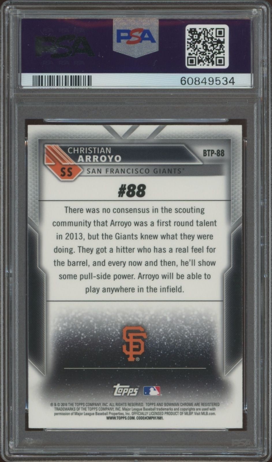 2016 Bowman Christian Arroyo #BTP-88 baseball trading card back