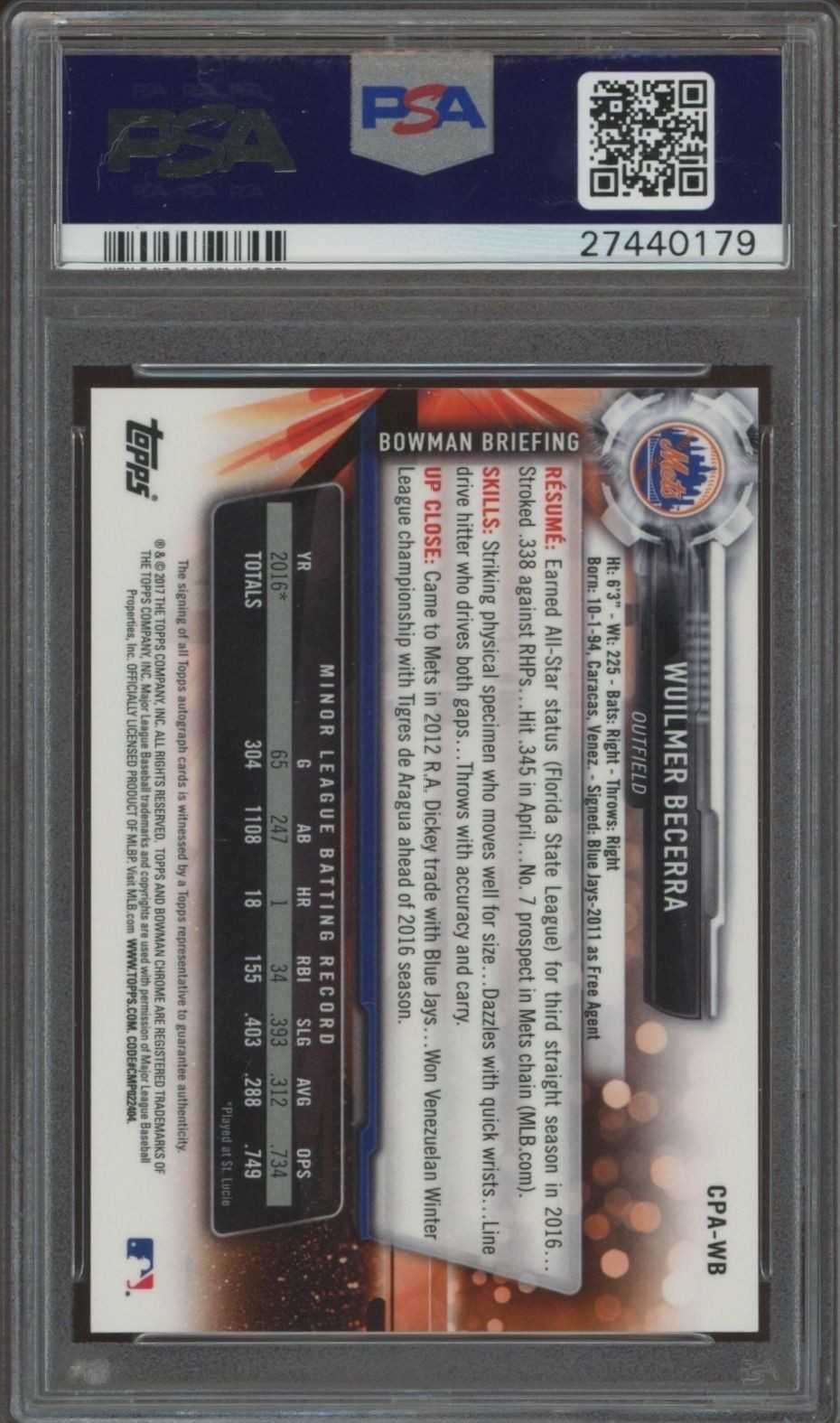 2017 Bowman Chrome Wuilmer Becerra #CPA-WB baseball trading card back