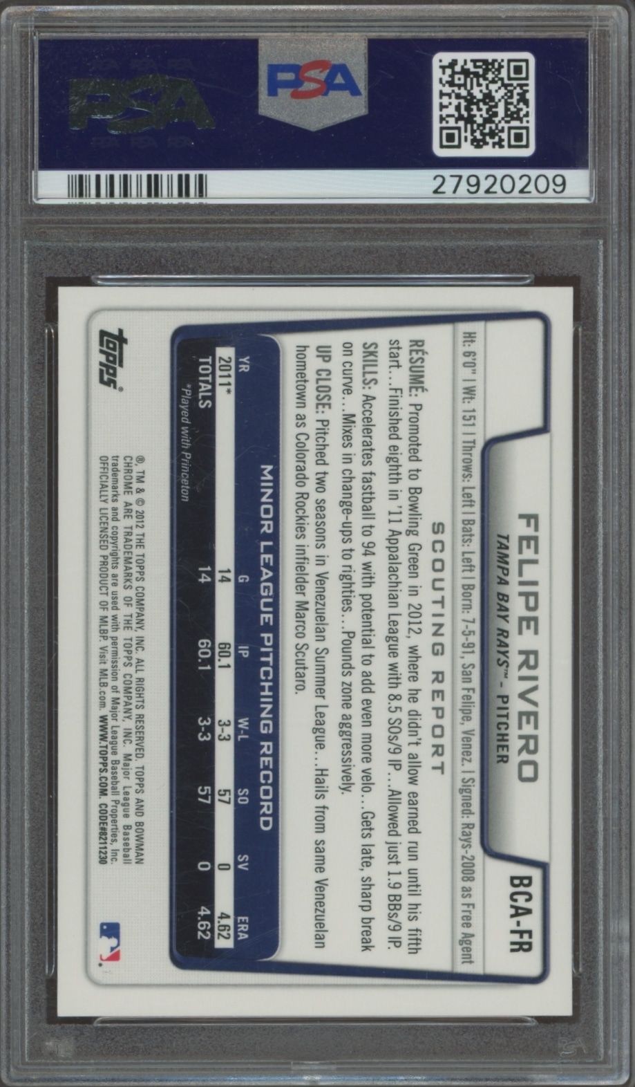 2012 Bowman Chrome Felipe Rivero #BCA-FR baseball trading card back