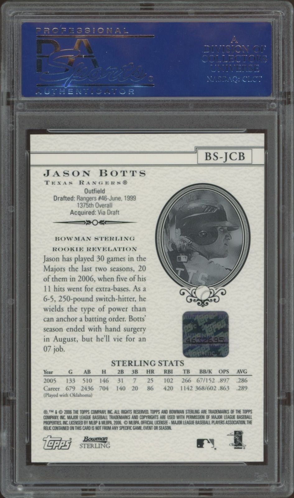 2006 Bowman Jason Botts #BS-JCB baseball trading card back