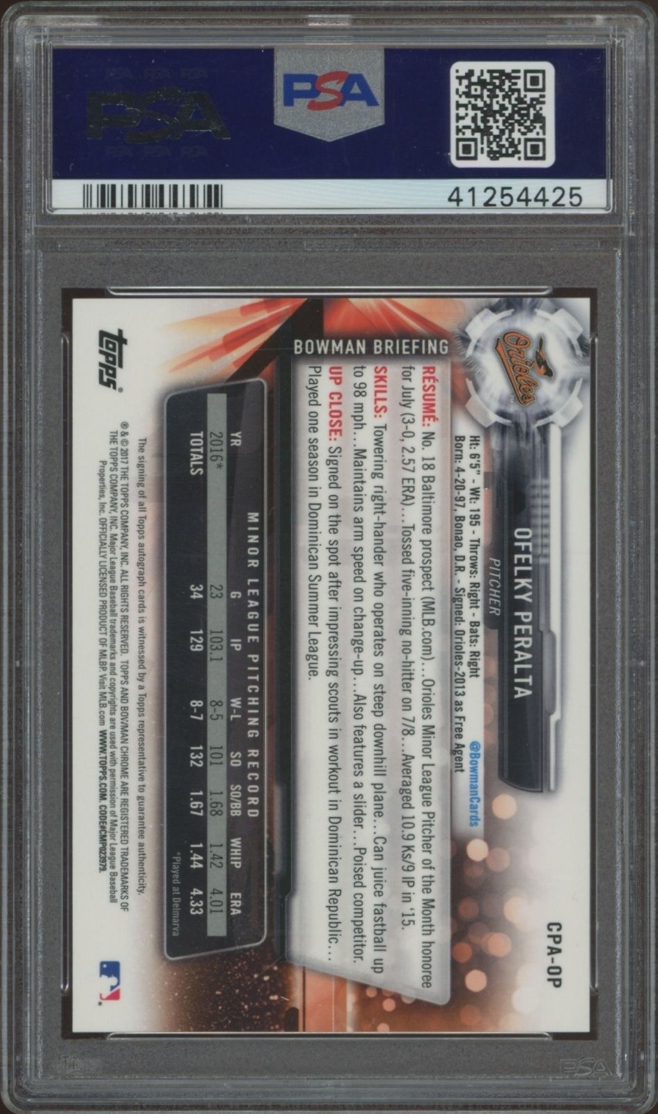 2017 Bowman Chrome Ofelky Peralta #CPA-OP baseball trading card back
