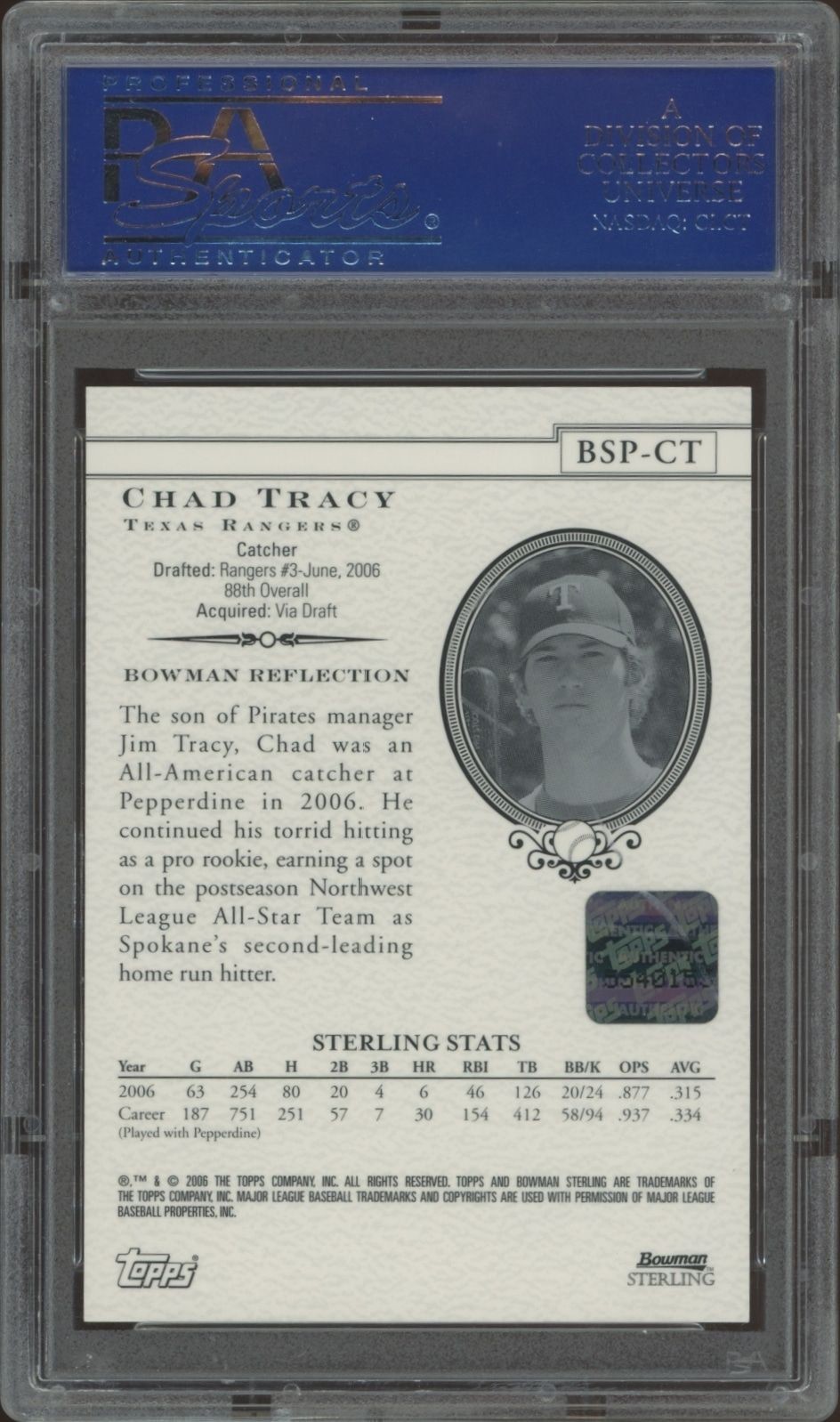 2006 Bowman Sterling Chad Tracy #BSP-CT baseball trading card back