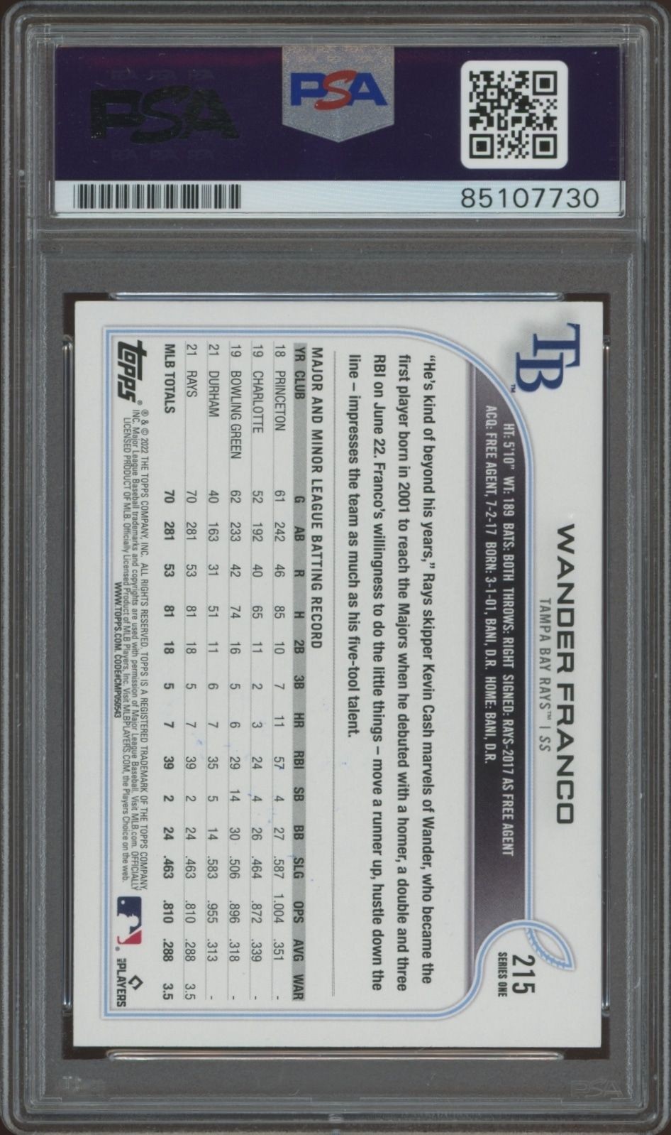 2022 Topps Wander Franco #215 baseball trading card back
