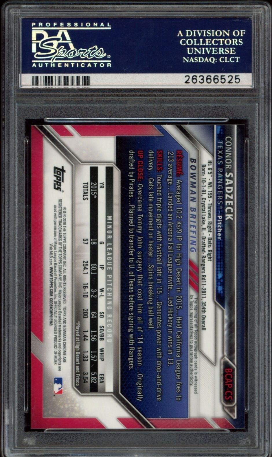 2016 Bowman Chrome Connor Sadzeck #BCAP-CS baseball trading card back