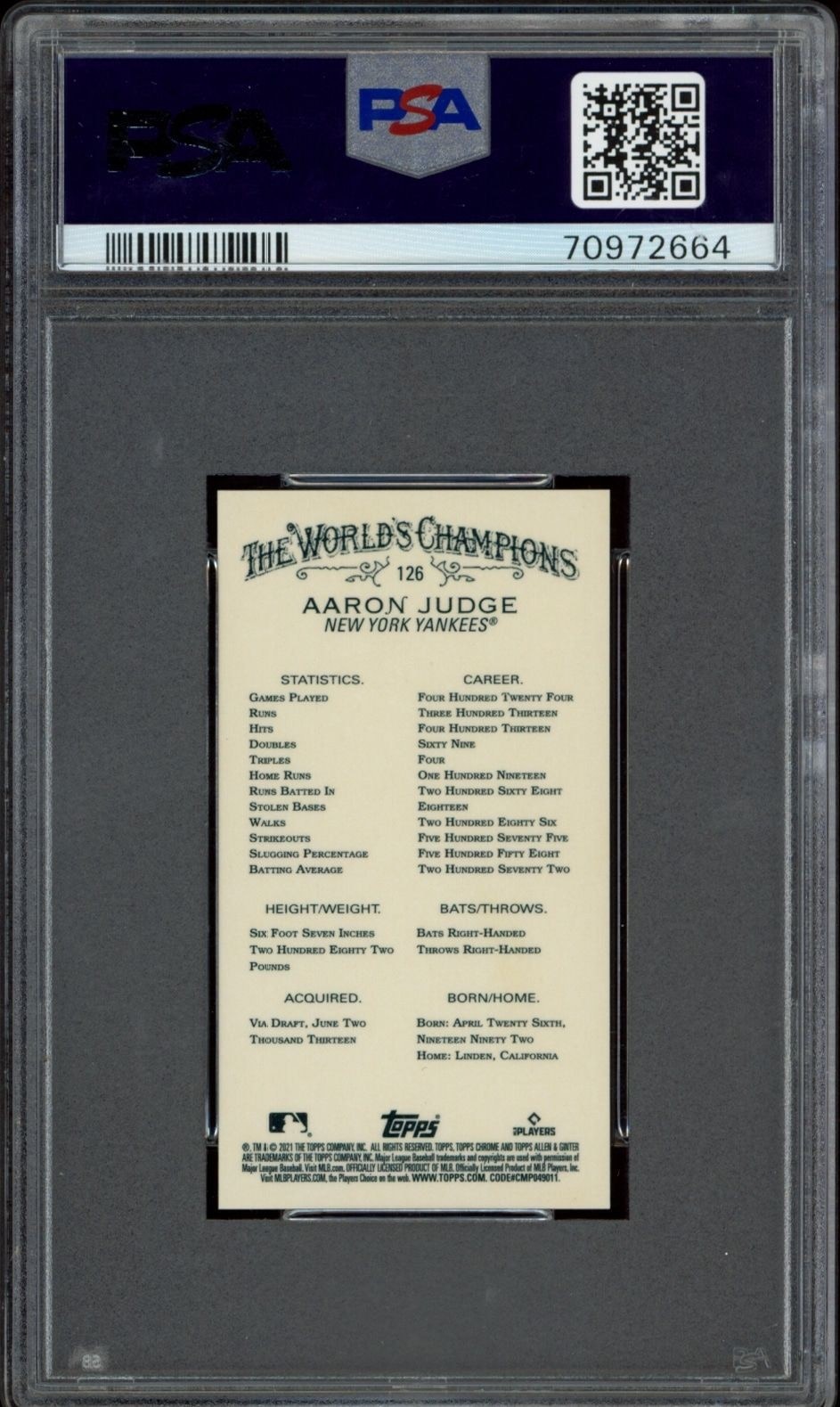 2021 Topps Allen & Ginter Chrome Aaron Judge #126 baseball trading card back