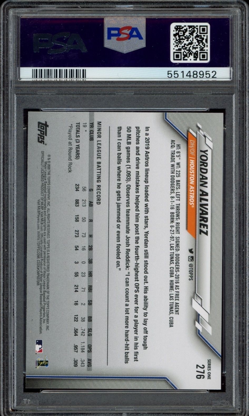 2020 Topps Yordan Alvarez #276 baseball trading card back