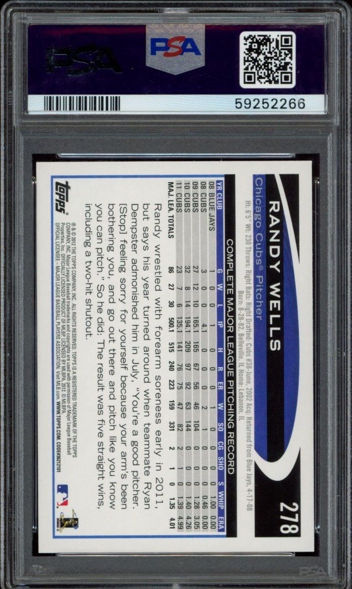 2012 Topps Randy Wells #278 baseball trading card back