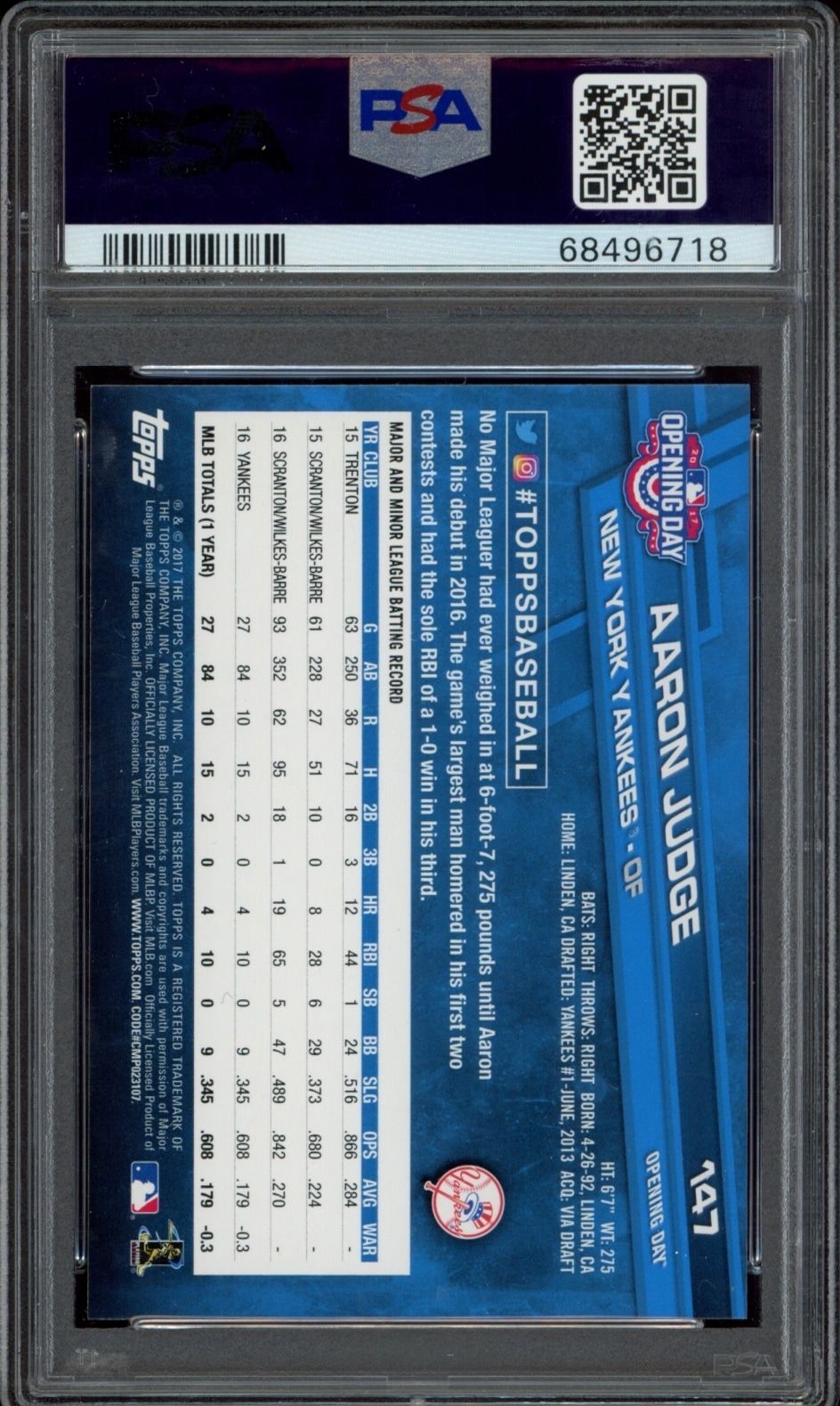 2017 Topps Opening Day Aaron Judge #147 baseball trading card back
