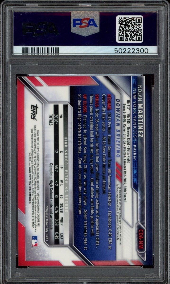 2016 Bowman Draft Nolan Martinez #CDA-NM baseball trading card back