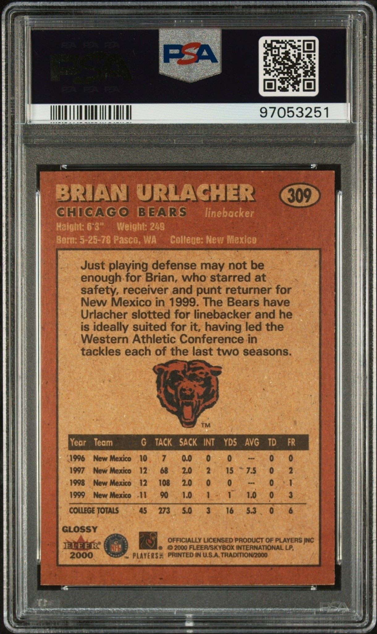 2000 Fleer Tradition Brian Urlacher #309 football trading card back