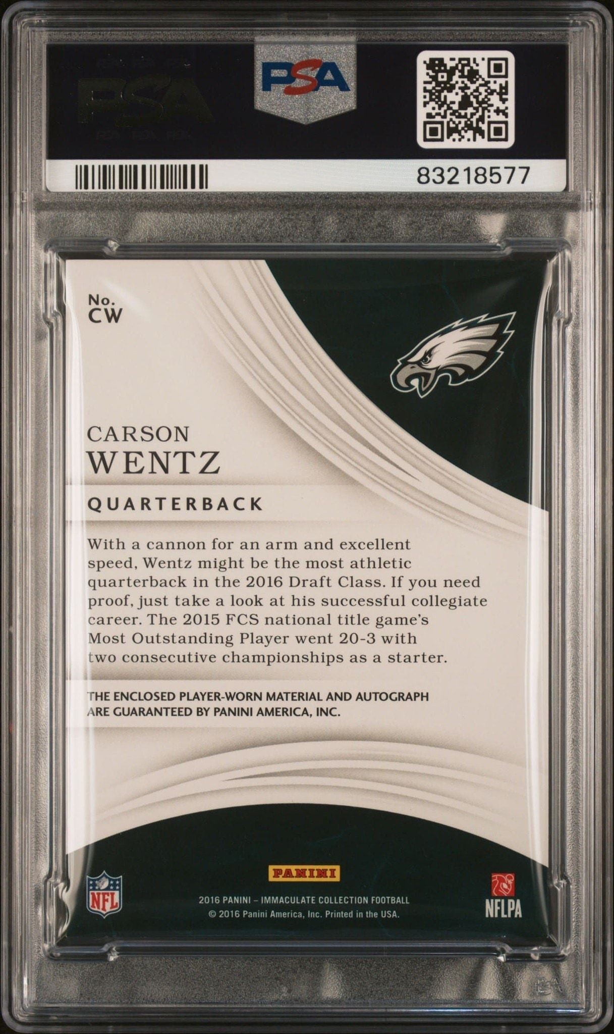 2016 Panini Immaculate Carson Wentz #CW football trading card back