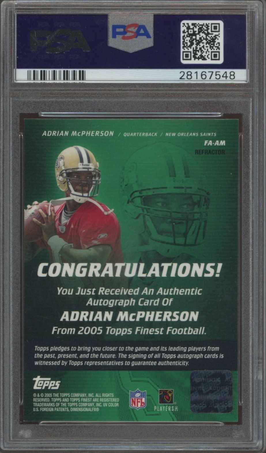 2005 Topps Finest Adrian McPherson #FA-AM football trading card back