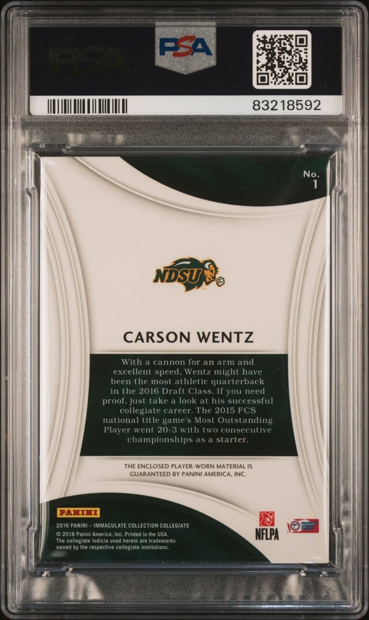 2016 Panini Immaculate Collegiate Carson Wentz #1 football trading card back