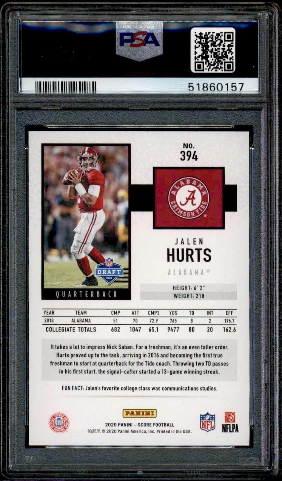 2020 Panini Score Jalen Hurts #394 football trading card back