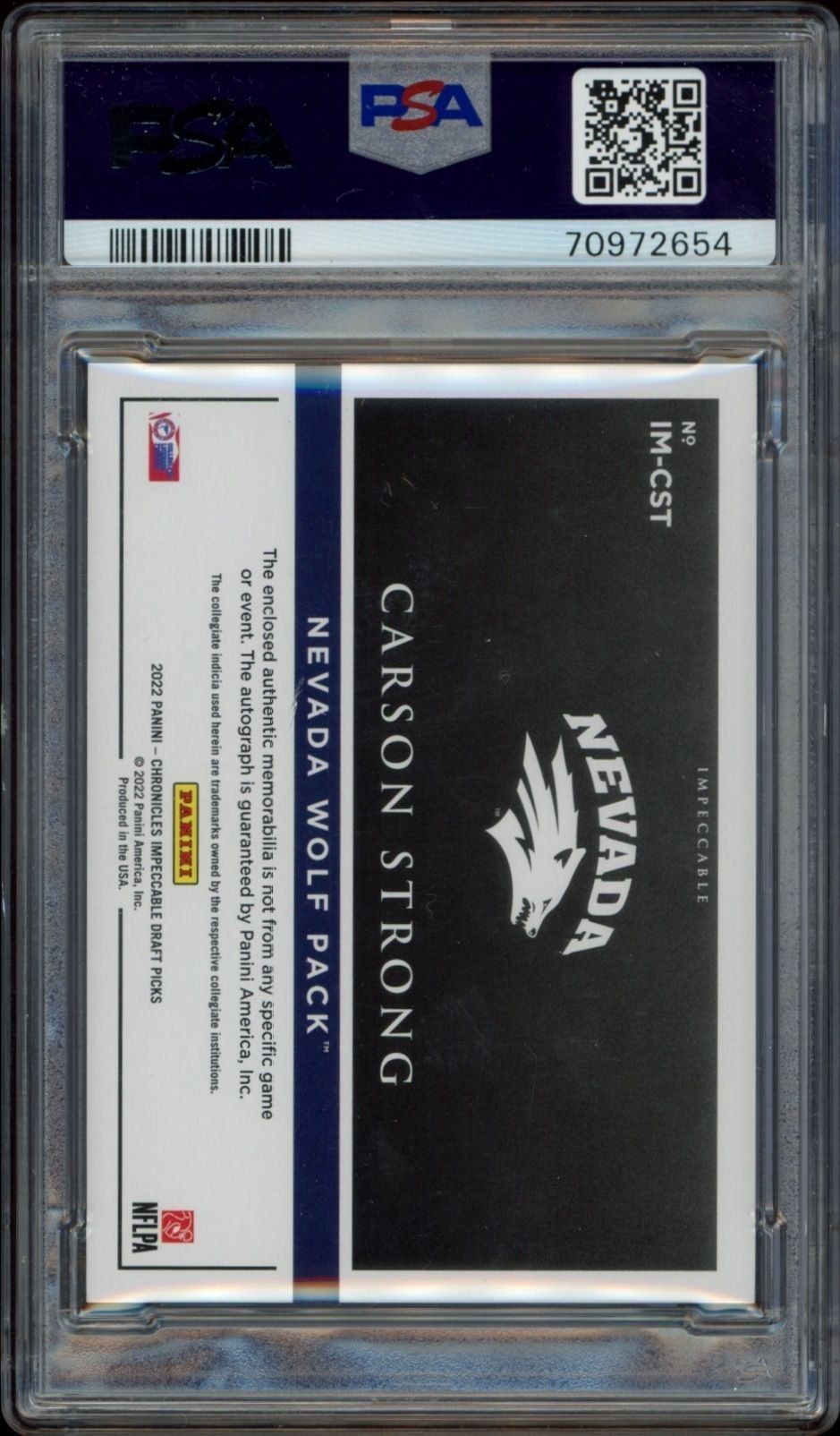 2022 Panini Chronicles Draft Picks Carson Strong #IM-CST football trading card back