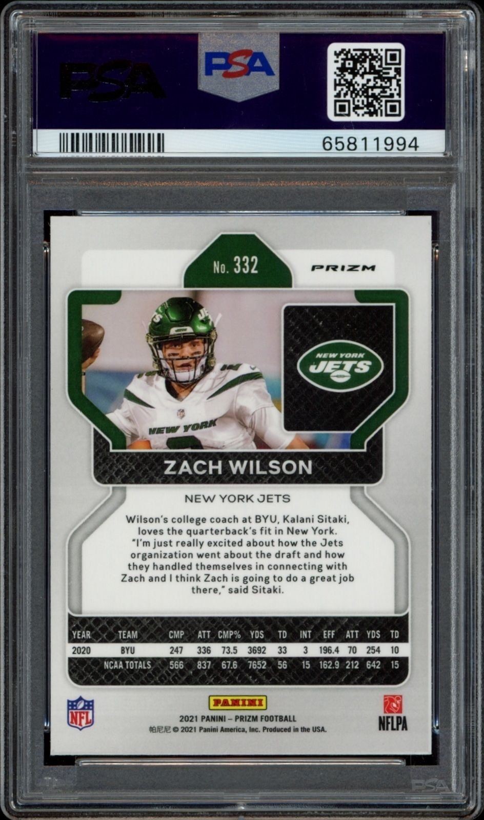 2021 Panini Prizm Zach Wilson #332 football trading card back